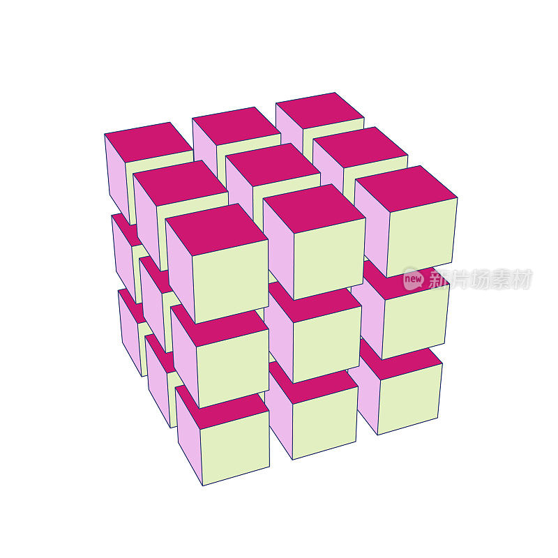 3x3x3 = 27个立体立方体，不同颜色的面，有间隙和透视。
